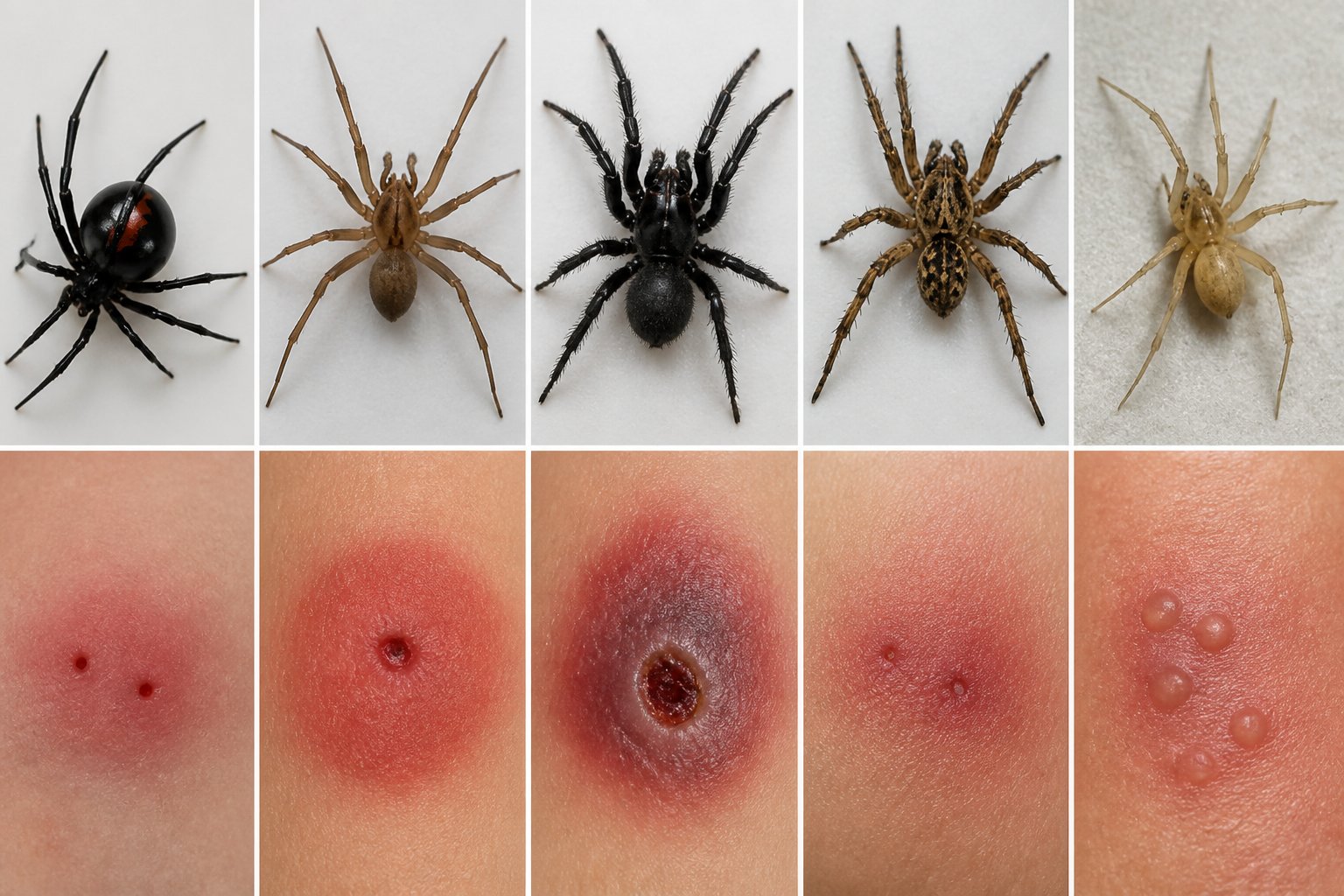 Close-up of several dangerous spiders near human skin showing different types of spider bites with redness and swelling.