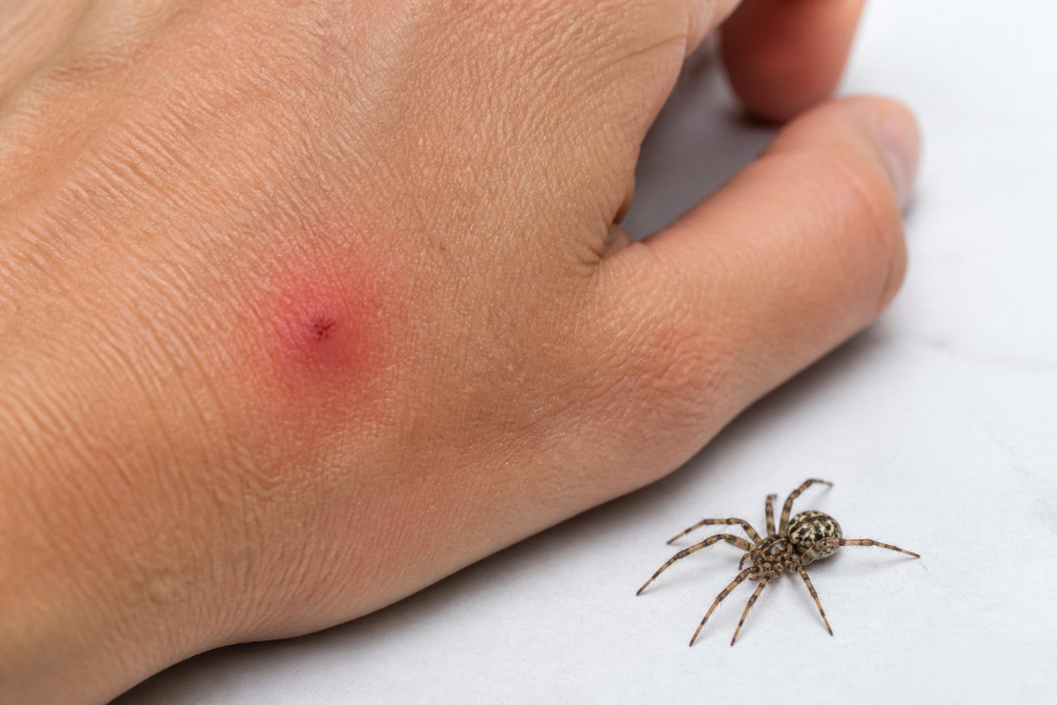 Close-up of a human hand with a visible spider bite and a small spider nearby on a neutral background.