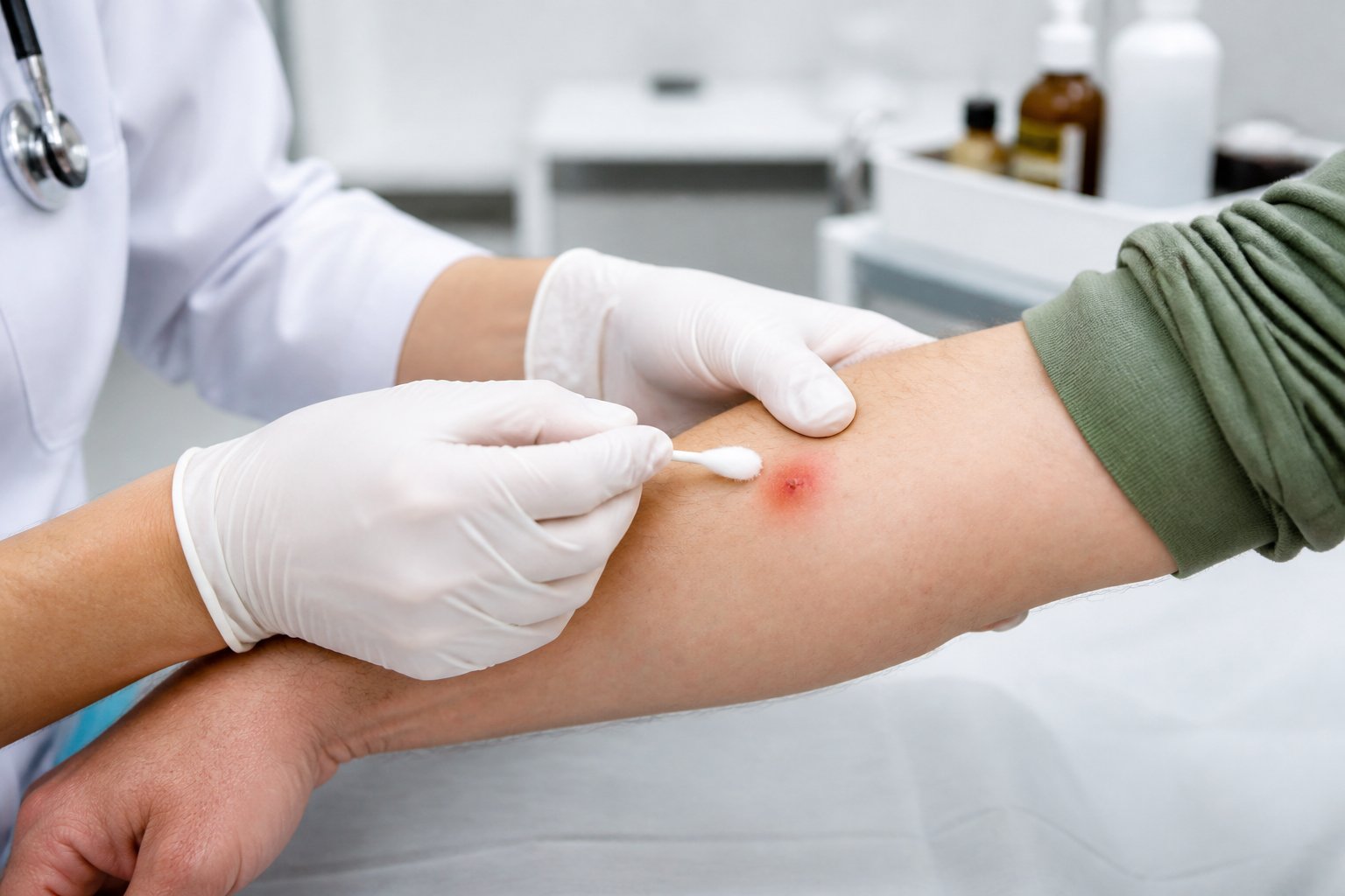 Healthcare professional examining a patient's forearm with a visible spider bite in a medical clinic.
