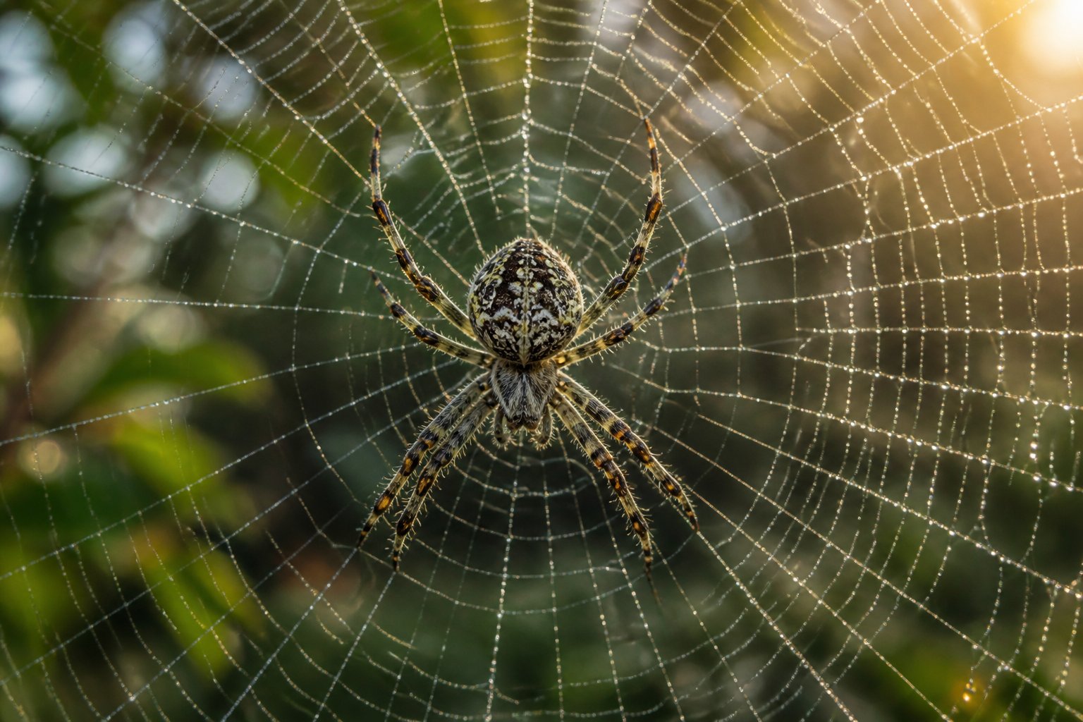 A detailed close-up of a spider resting on a dewy spiderweb with blurred green foliage in the background.