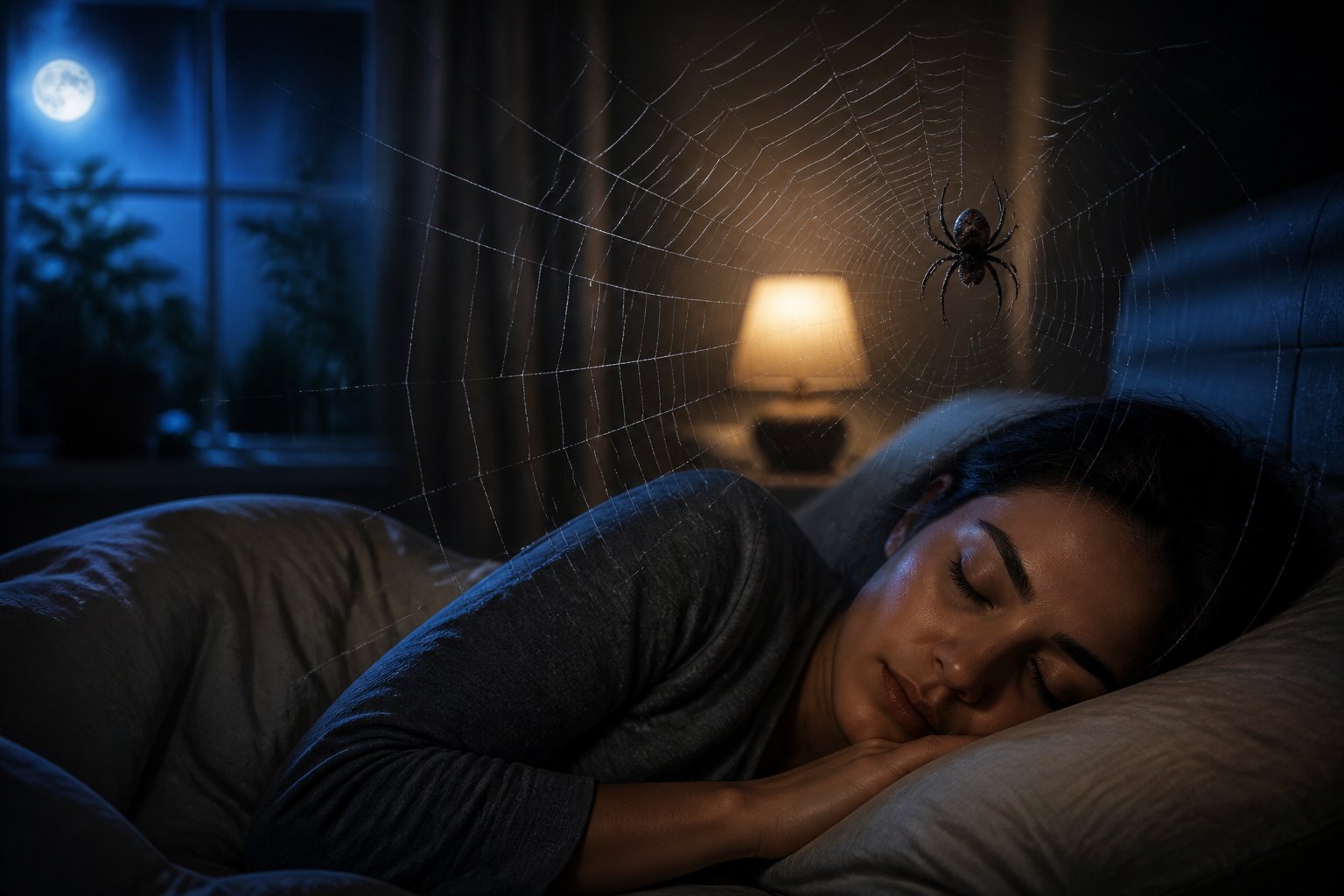 A person sleeping peacefully in a softly lit bedroom with a spider and spider web subtly overlaid to represent dreaming.
