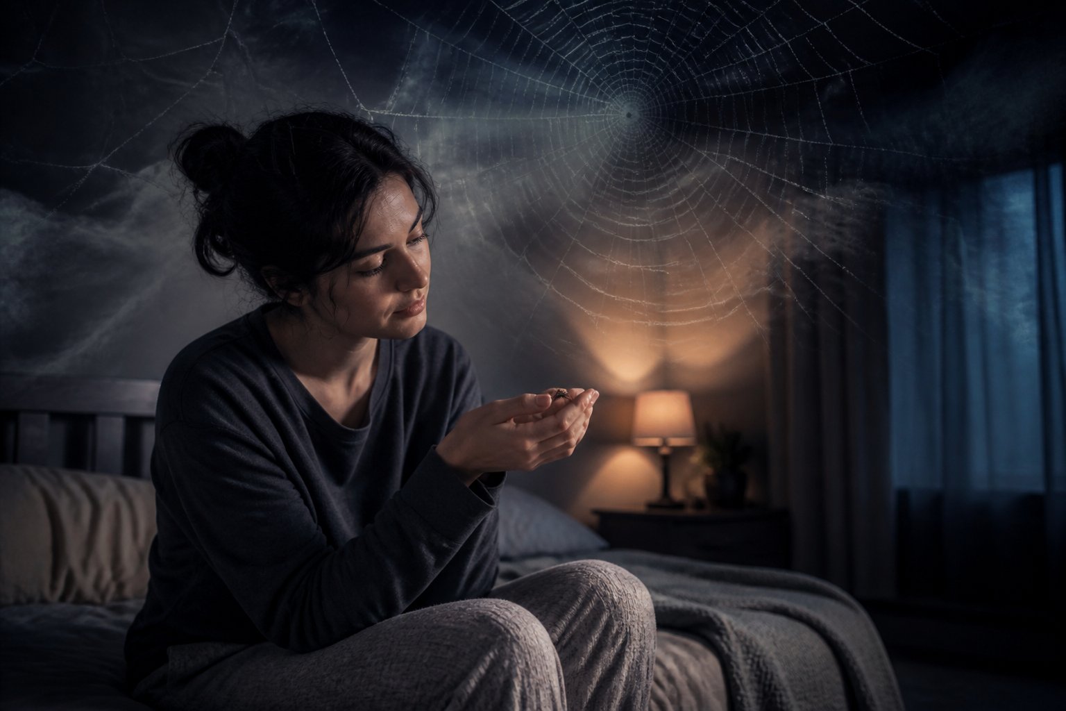 A person sitting on a bed at night looking thoughtfully at a small spider on their hand with a spider web faintly visible in the background.