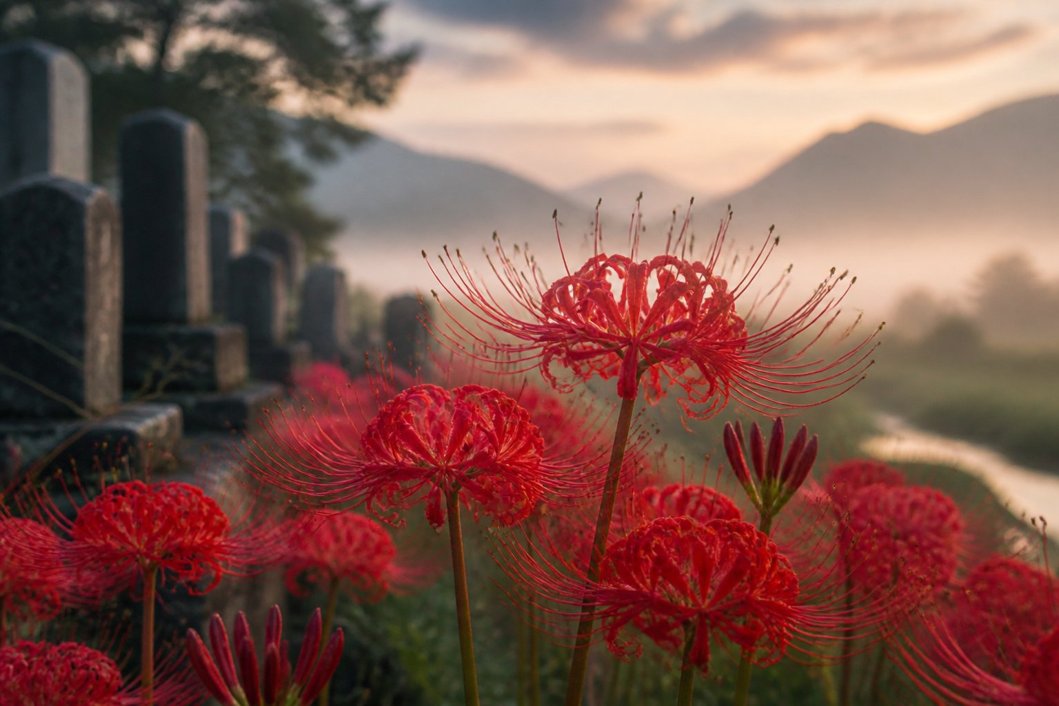 A cluster of bright red spider lilies blooming in a misty, quiet cemetery at dawn.