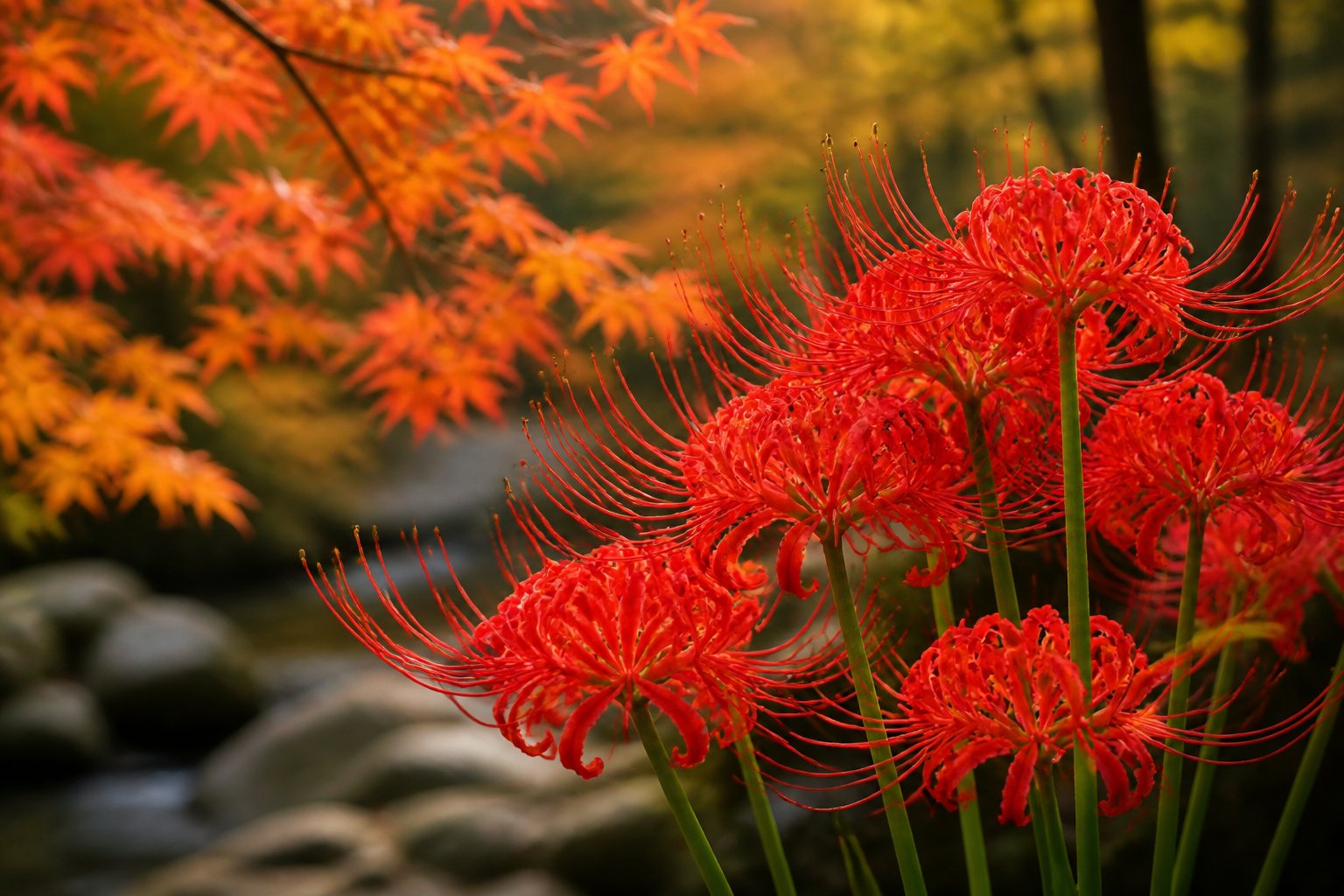 A close-up of bright red spider lilies blooming outdoors with autumn leaves in the background.