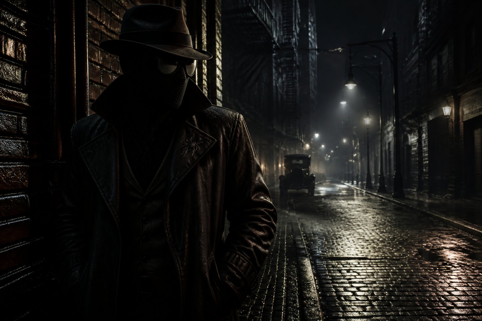 A mysterious figure in a trench coat and fedora stands on a wet city street at night, surrounded by old brick buildings and dim streetlights.