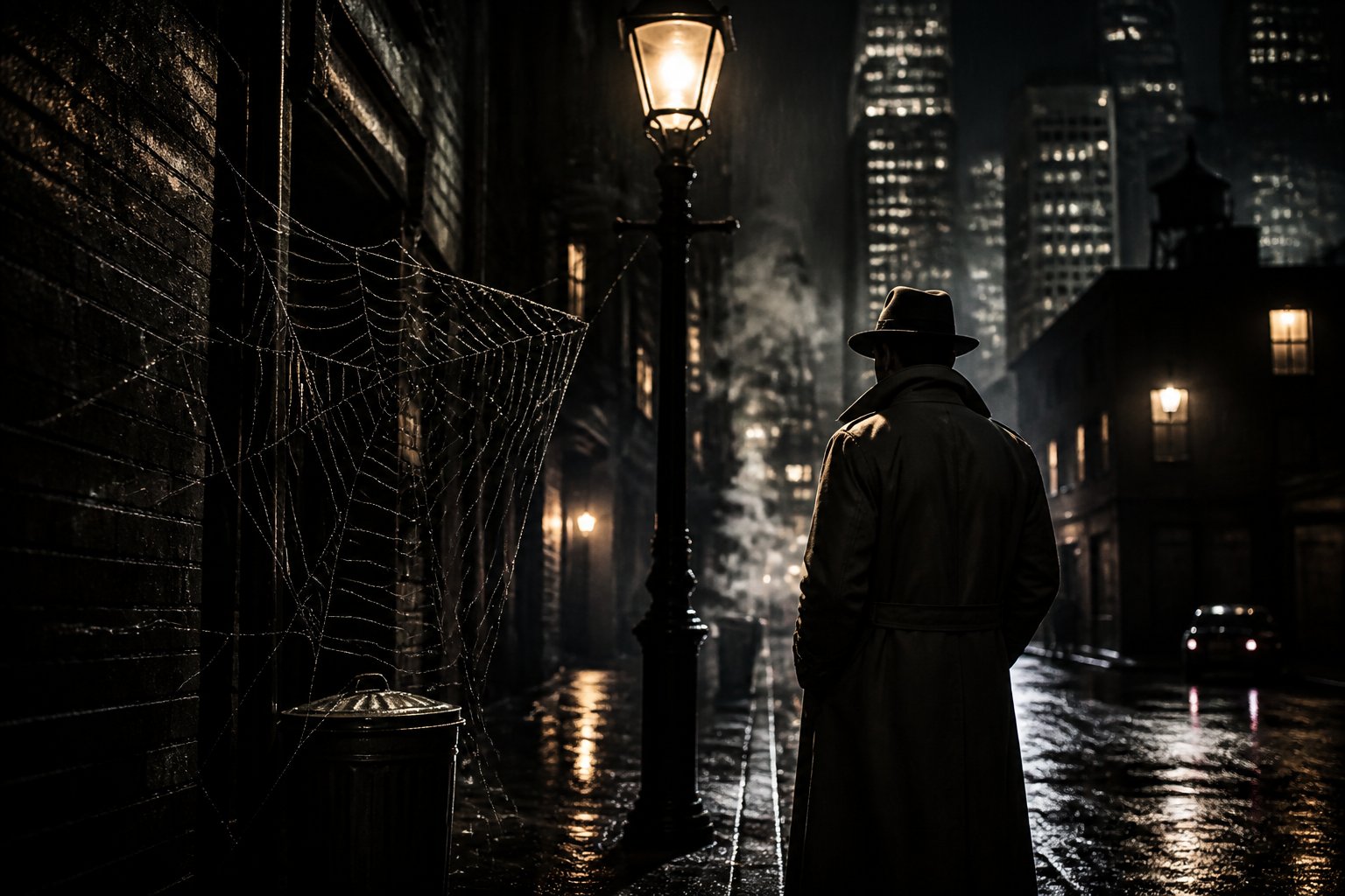 A shadowy detective stands under a streetlamp on a rainy city street at night with tall buildings and faint spider web patterns in the shadows.