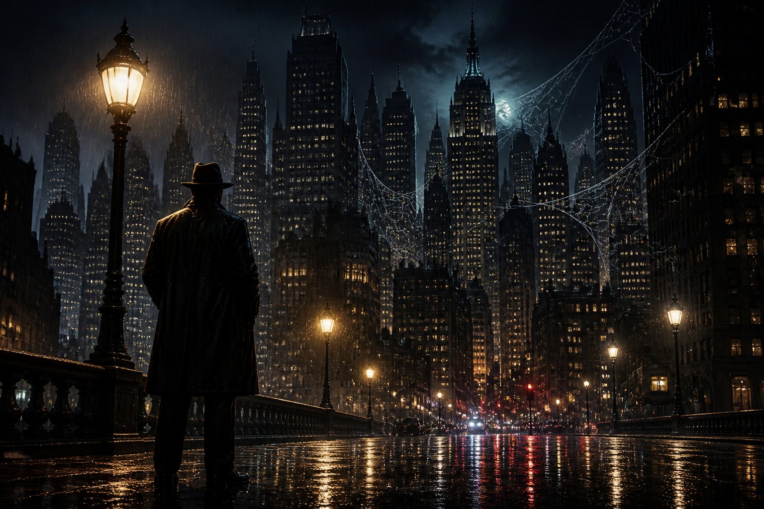 A mysterious figure in a trench coat and fedora stands on a rainy city street at night with tall buildings and spider web patterns in the background.