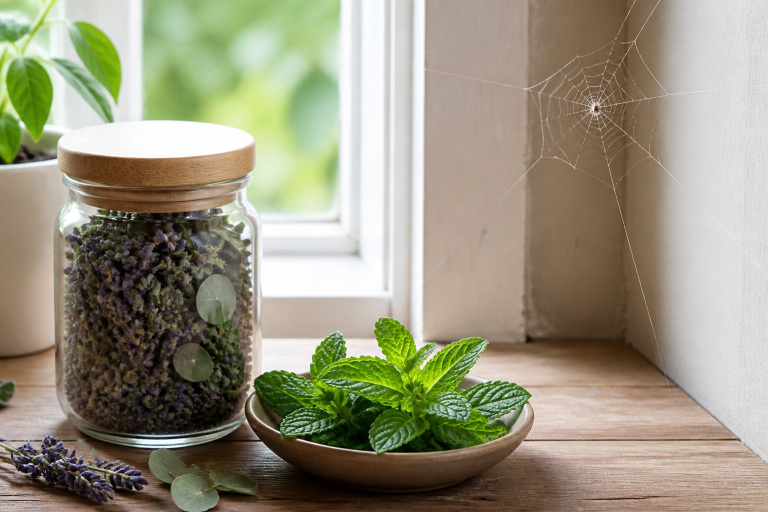 A glass jar with dried lavender and eucalyptus leaves and a bowl of fresh peppermint leaves on a wooden table near a window with a spider web in the background.