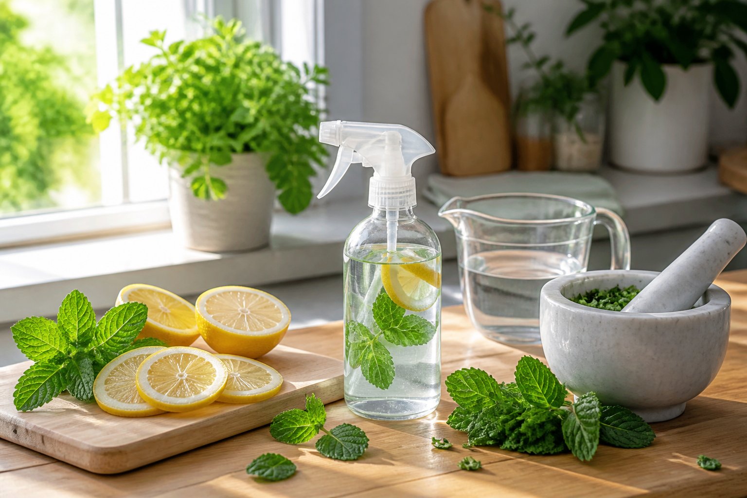 A kitchen countertop with fresh lemons, peppermint leaves, a glass spray bottle, and crushed herbs prepared for a natural spider repellent.