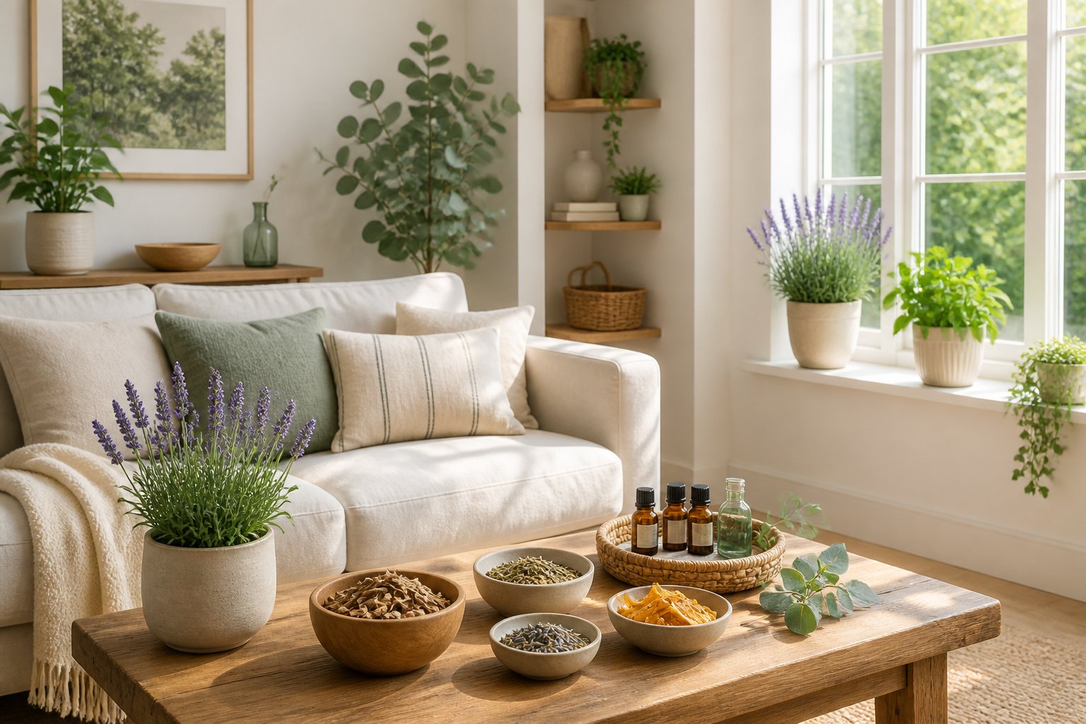 A bright living room with natural plants and bowls of herbs on a wooden table near windows.