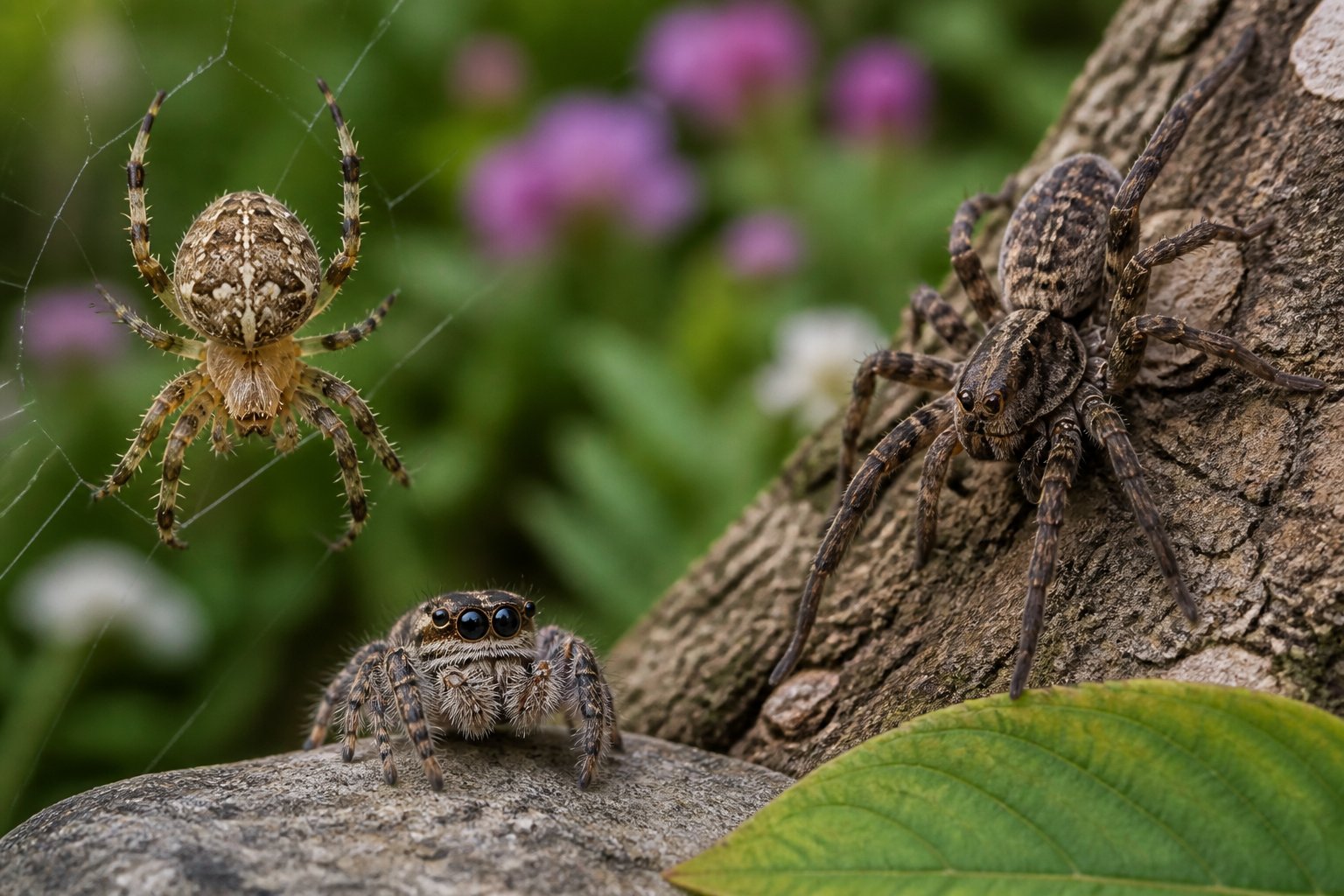 Close-up of various common spiders on leaves and tree bark in a natural outdoor setting.