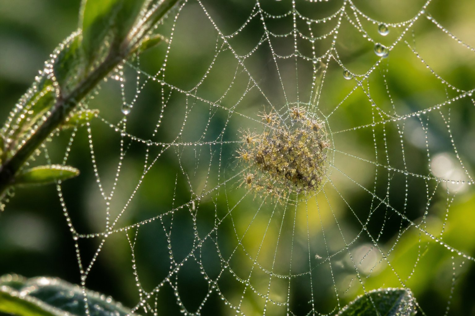 Close-up of a spider web with tiny baby spiders clustered in the center, surrounded by green foliage.