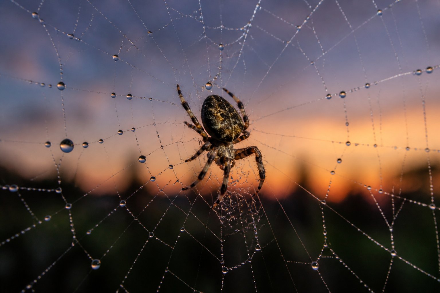 A spider on its web at twilight with a natural blurred background.