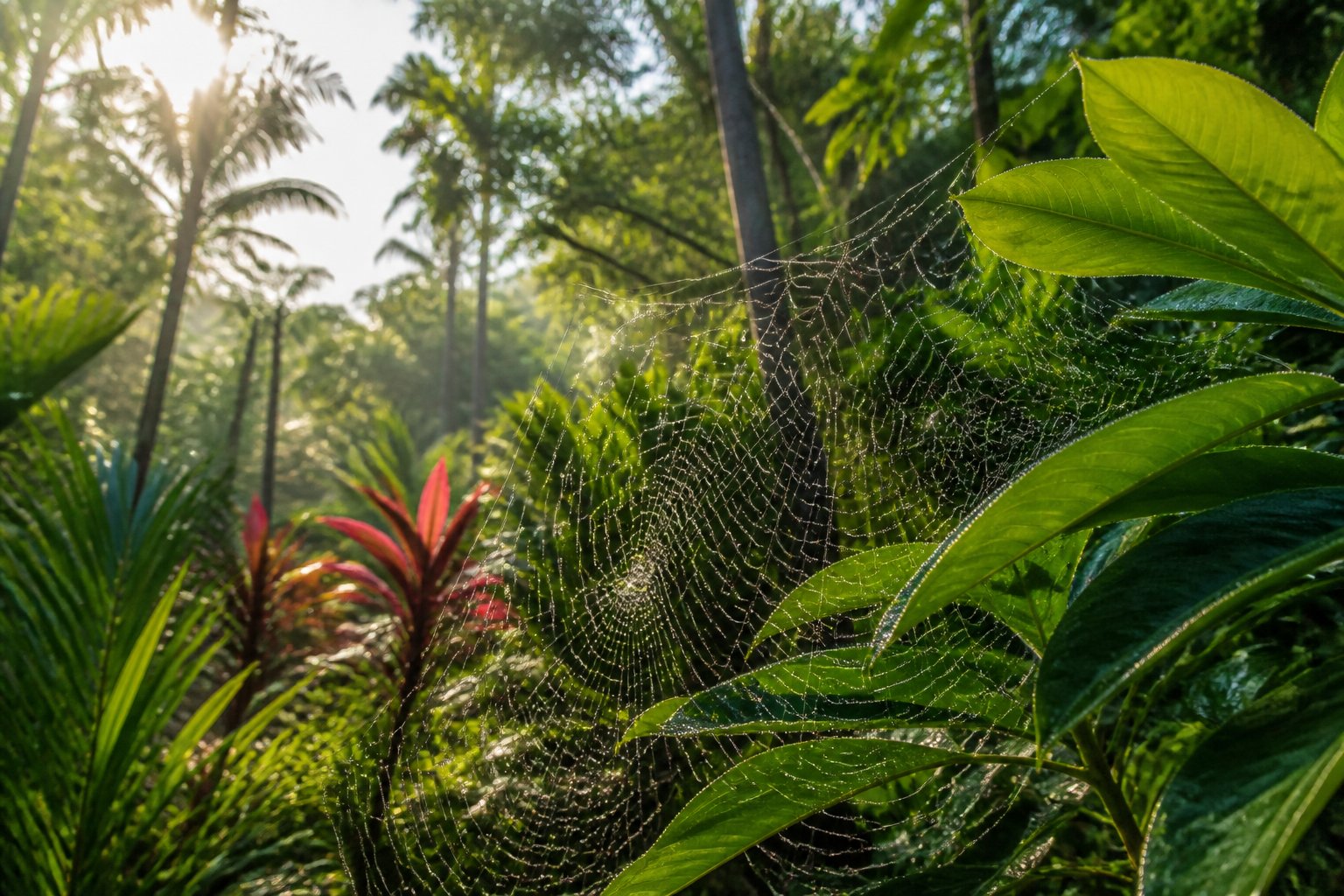 Close-up of dew-covered spider webs woven among green tropical leaves in a lush jungle setting in Bali.