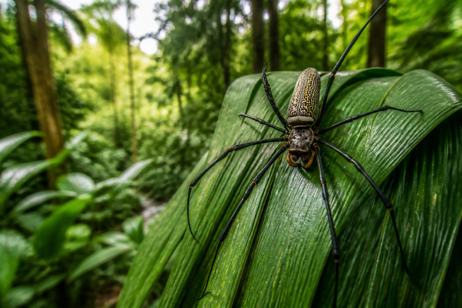 A large spider sitting on green tropical leaves in a lush Bali jungle during the day.