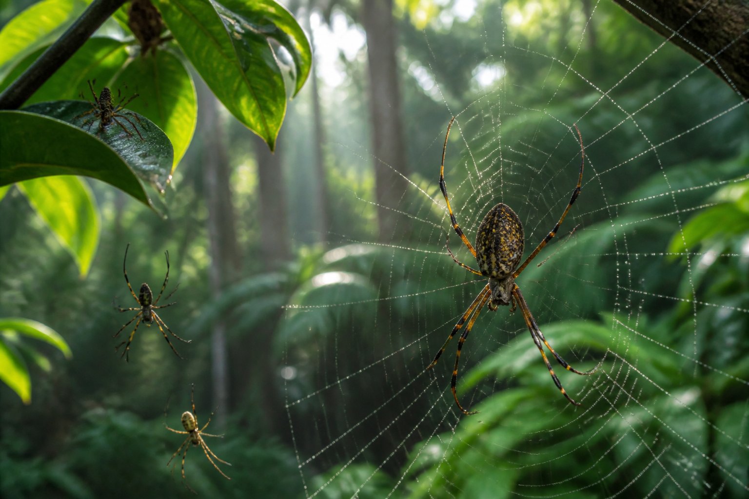 Close-up of a large orb-weaver spider and its web among green tropical foliage in a forest in Bali.