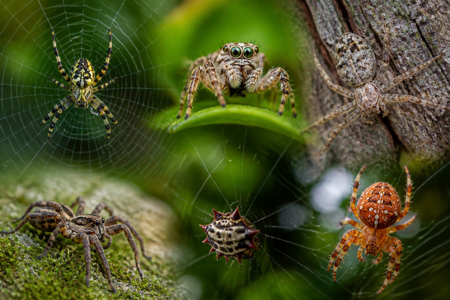 Several different types of spiders on webs and leaves in a natural outdoor setting.