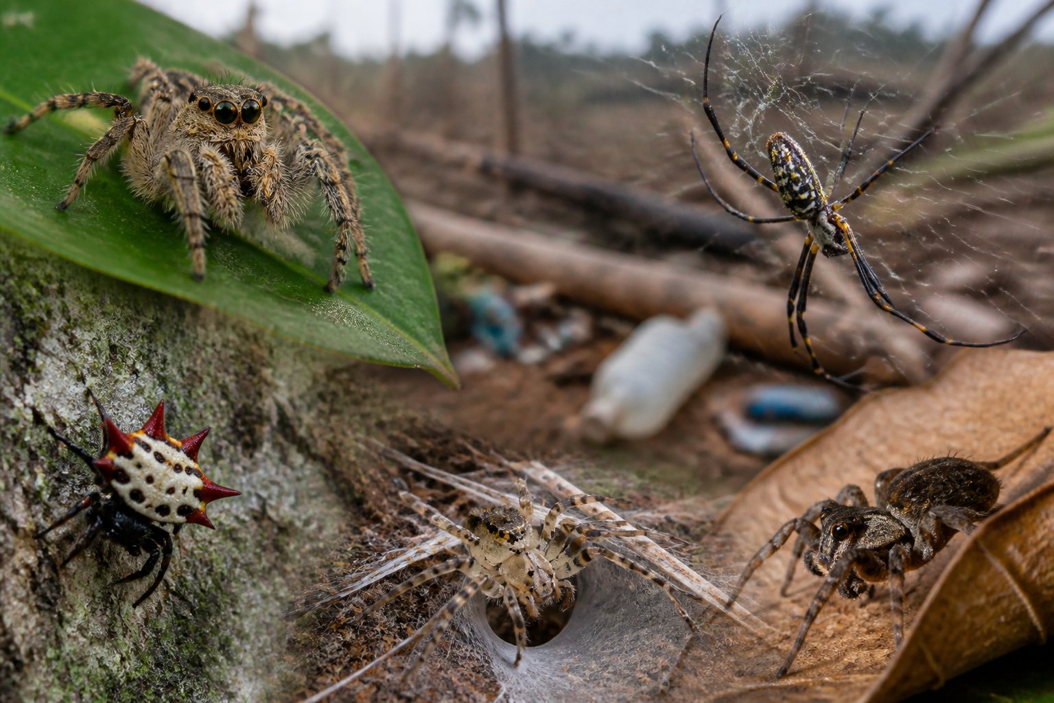 Close-up view of various spiders on leaves, tree bark, and webs with signs of environmental damage like fallen trees and plastic waste in the background.
