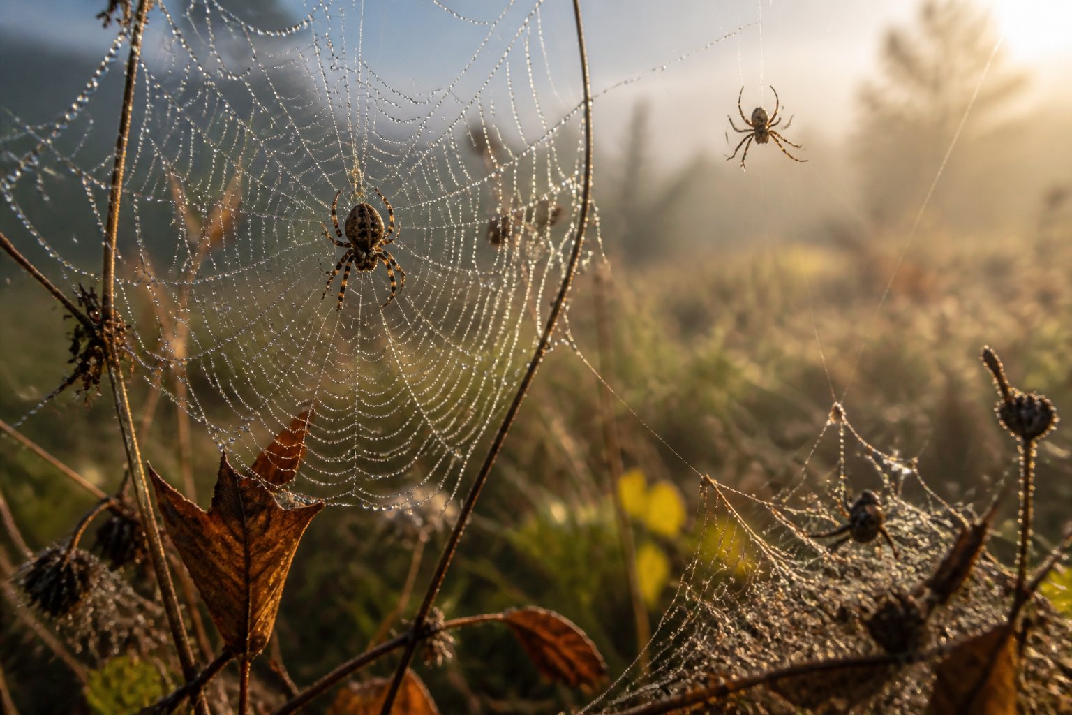 Close-up of several spiders on delicate webs with dewdrops in a natural outdoor scene showing signs of environmental stress.