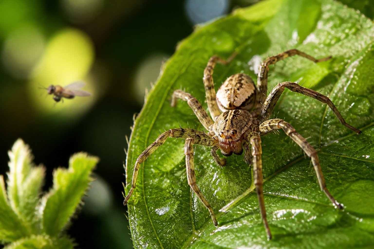 Close-up of a spider on a green leaf in a natural outdoor environment with sunlight and blurred foliage in the background.