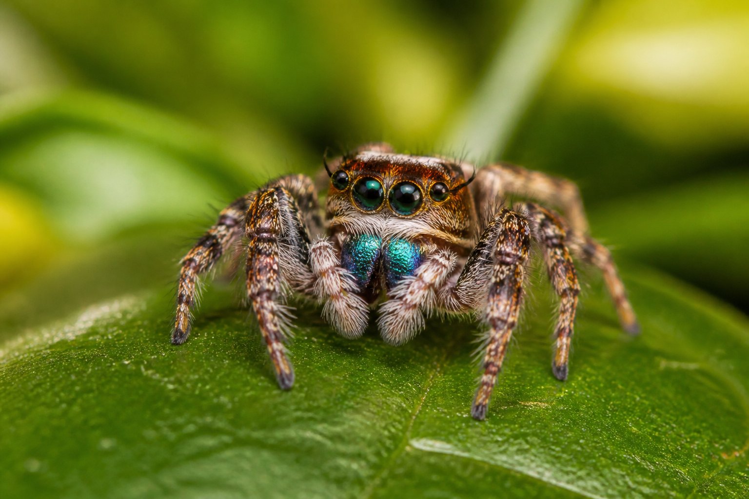 A close-up of a colorful jumping spider on a green leaf with blurred foliage in the background.