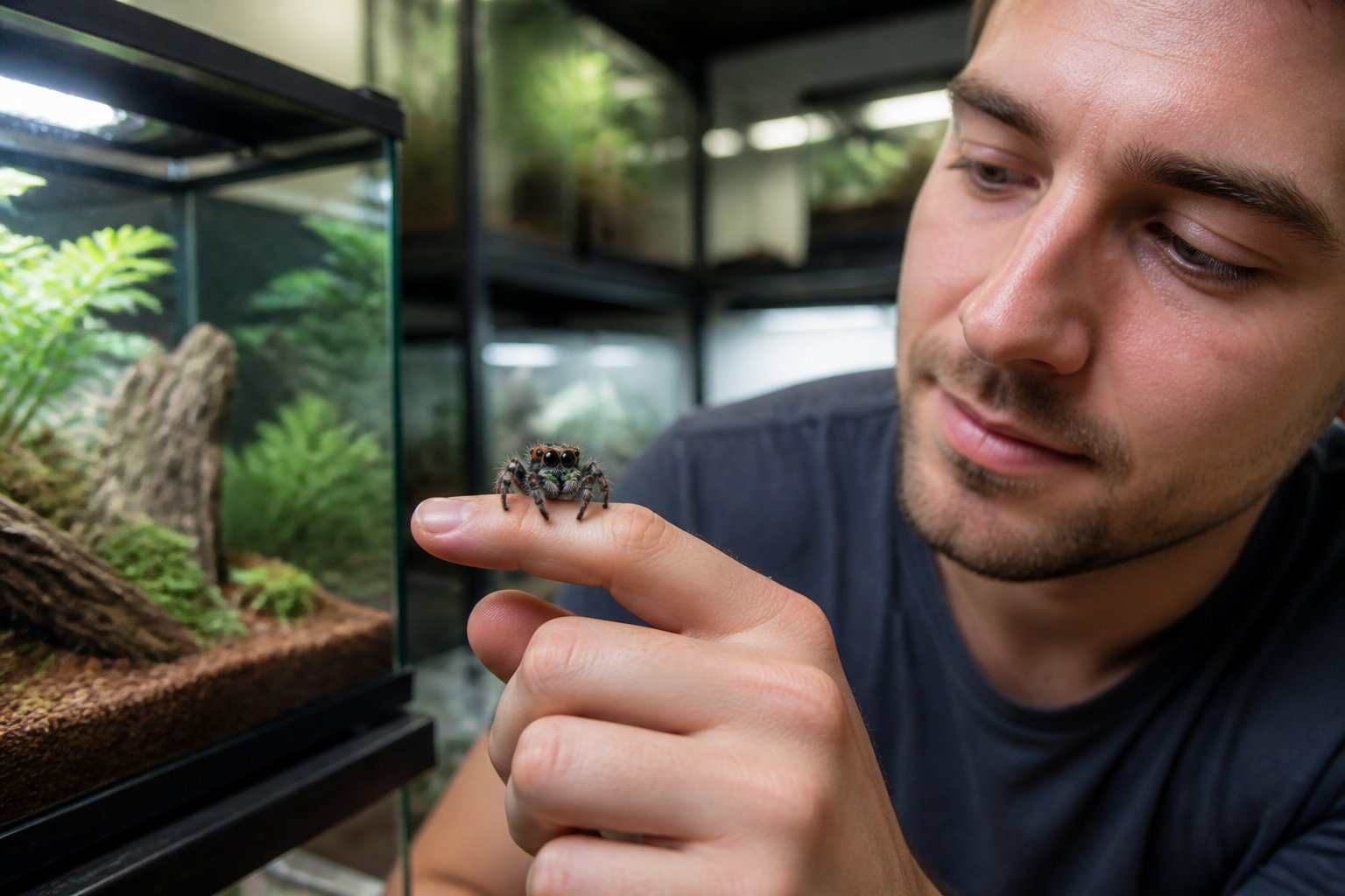 A person gently holding a colorful jumping spider on their finger in a pet store setting with terrariums in the background.