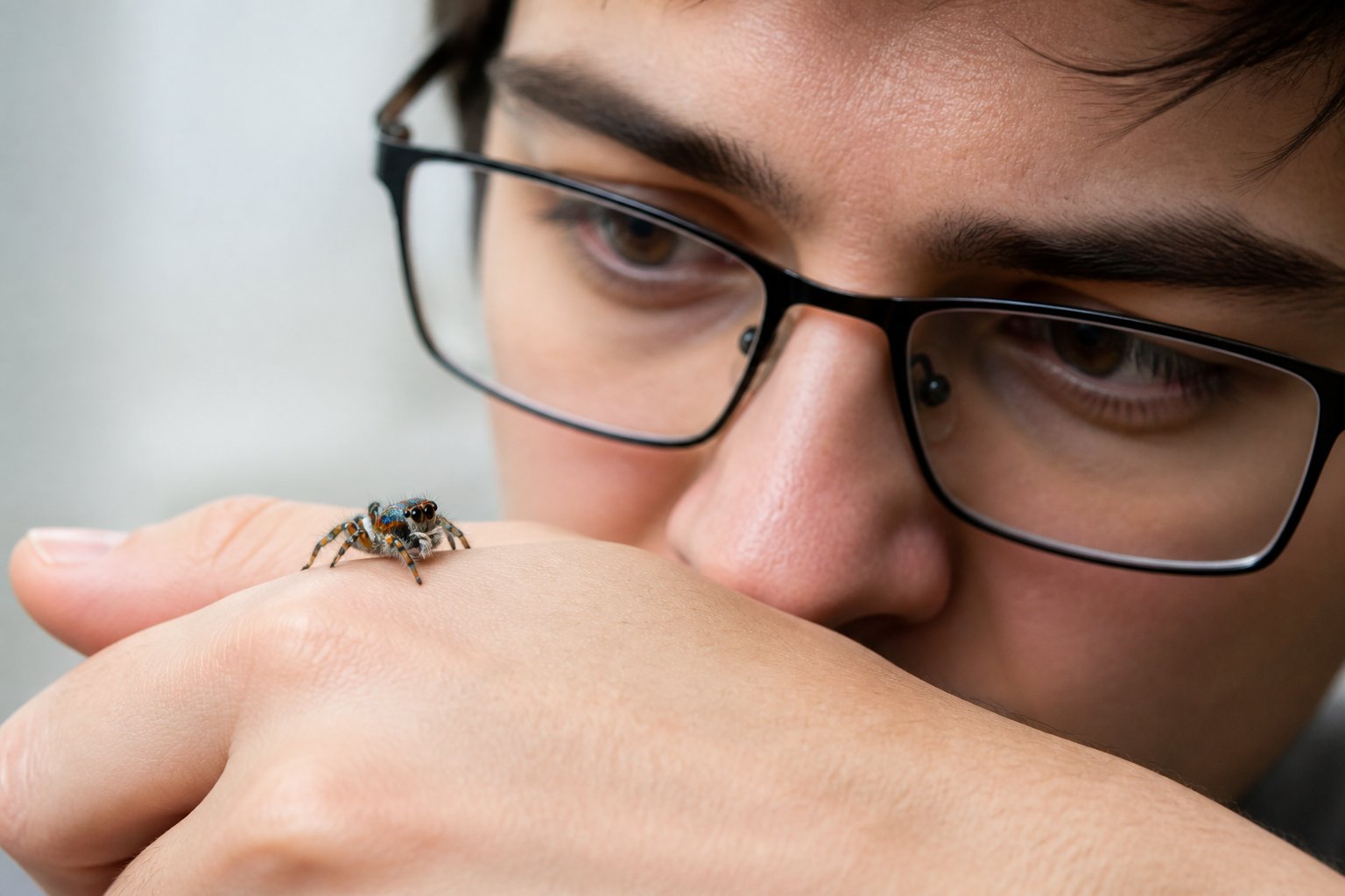 A person closely examining a small jumping spider resting on their hand indoors.