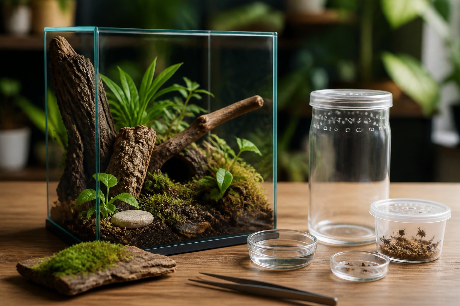 A clean terrarium with plants, branches, a water dish, and live insects prepared for a jumping spider.