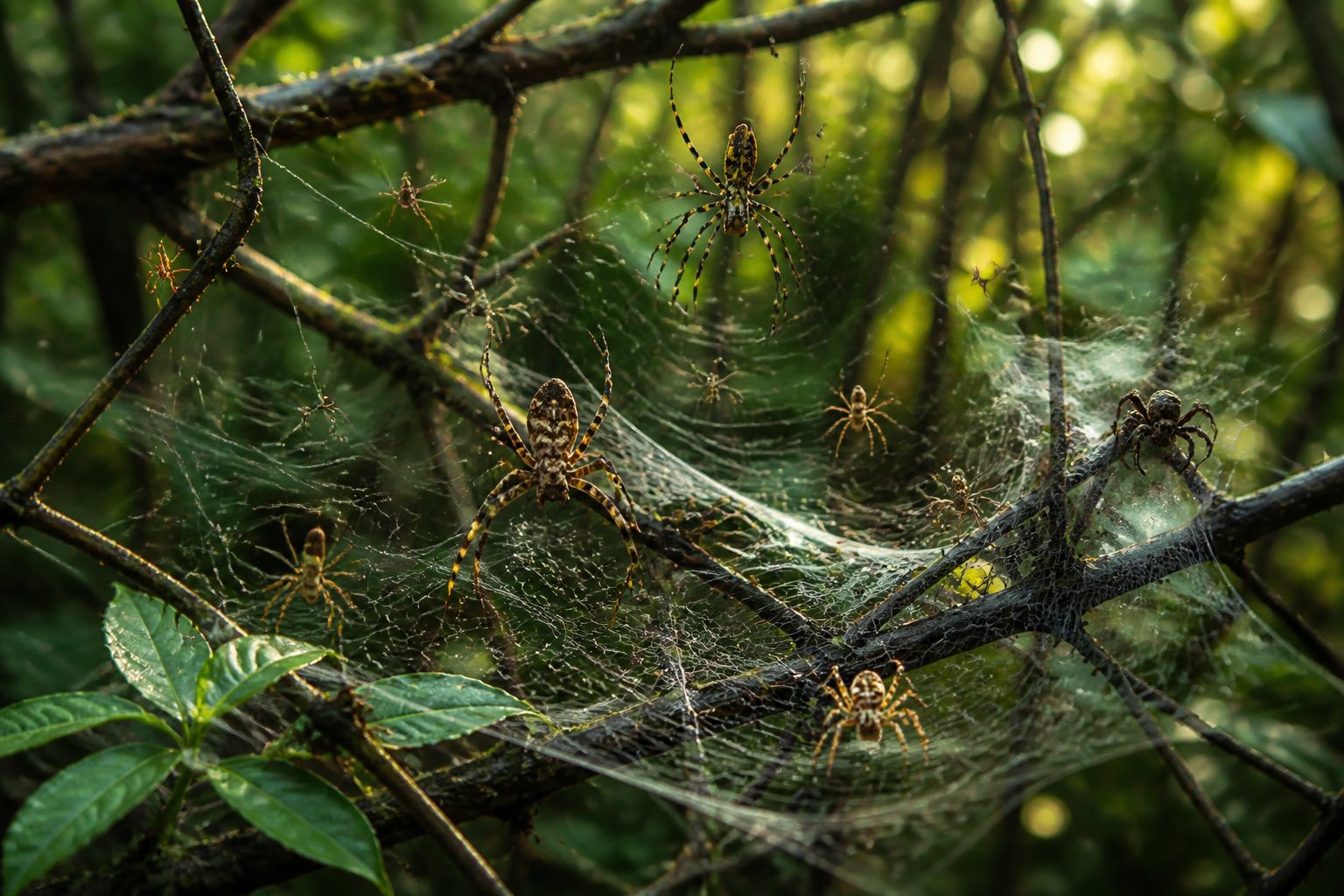 A group of different spiders on detailed webs in a green forest environment, showing their natural habitat and interactions.