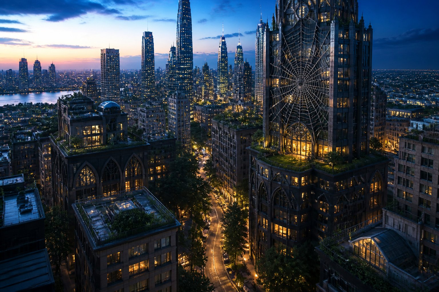 A cityscape at dusk with tall buildings, glowing streetlights, and subtle spider web patterns on structures, showing a hidden urban society.