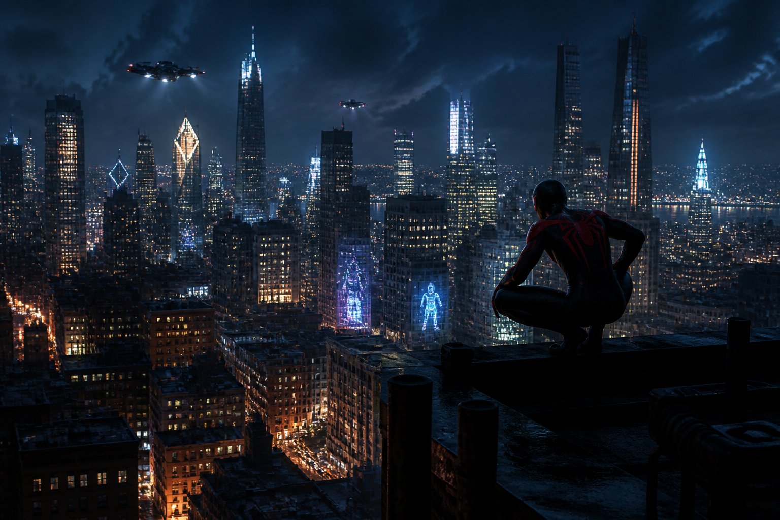 A city skyline at dusk with tall buildings and a silhouetted figure on a rooftop overlooking the city.