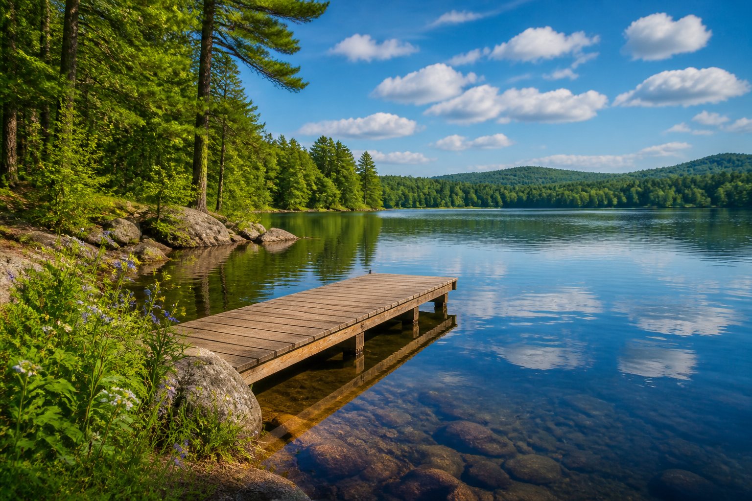 A calm lake surrounded by green trees and hills with a wooden dock extending into the water under a partly cloudy sky.