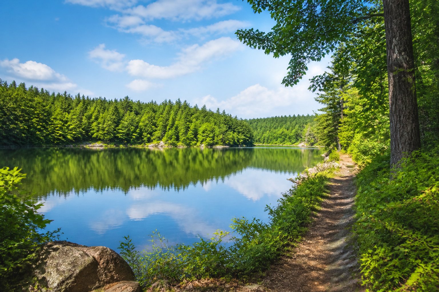 A clear lake surrounded by green trees and forest with a hiking trail leading to the water under a blue sky.