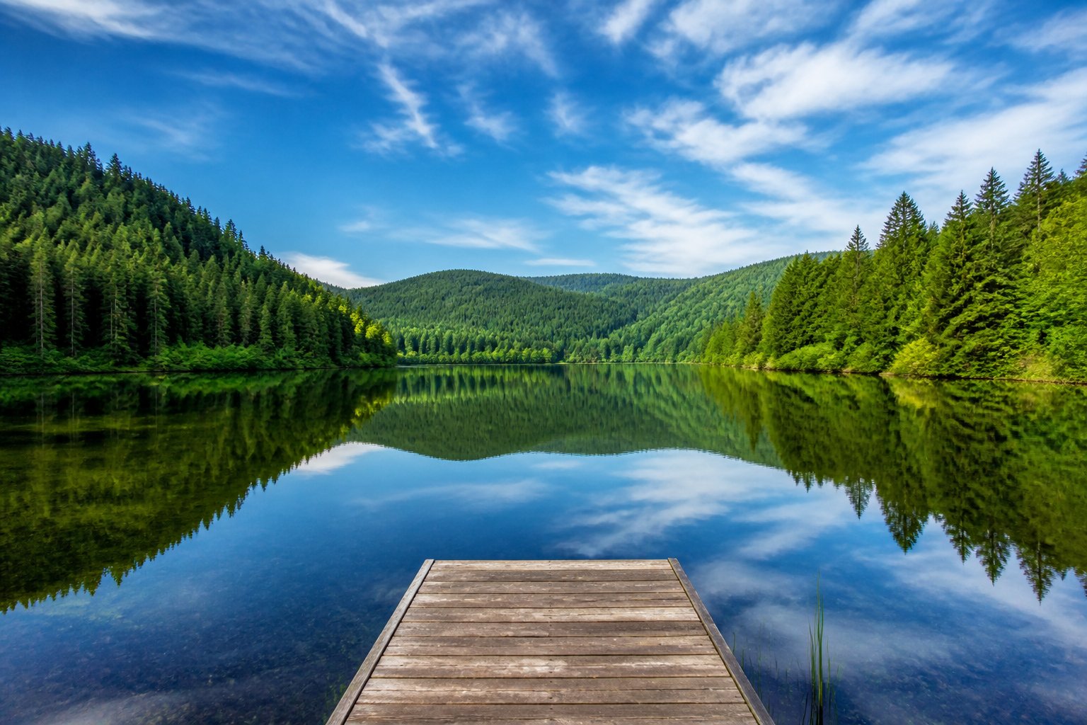 A calm lake surrounded by green forests and hills with a wooden dock extending into the water under a blue sky.