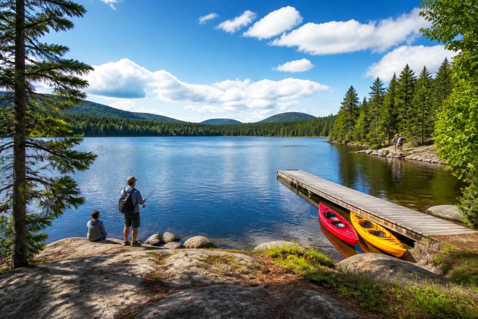 A peaceful lake surrounded by green forests and hills with a wooden dock and people kayaking and fishing.