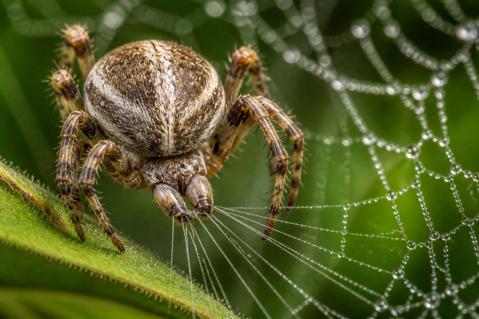 Close-up of a spider producing silk threads from its abdomen while building a web on a leaf with green foliage in the background.
