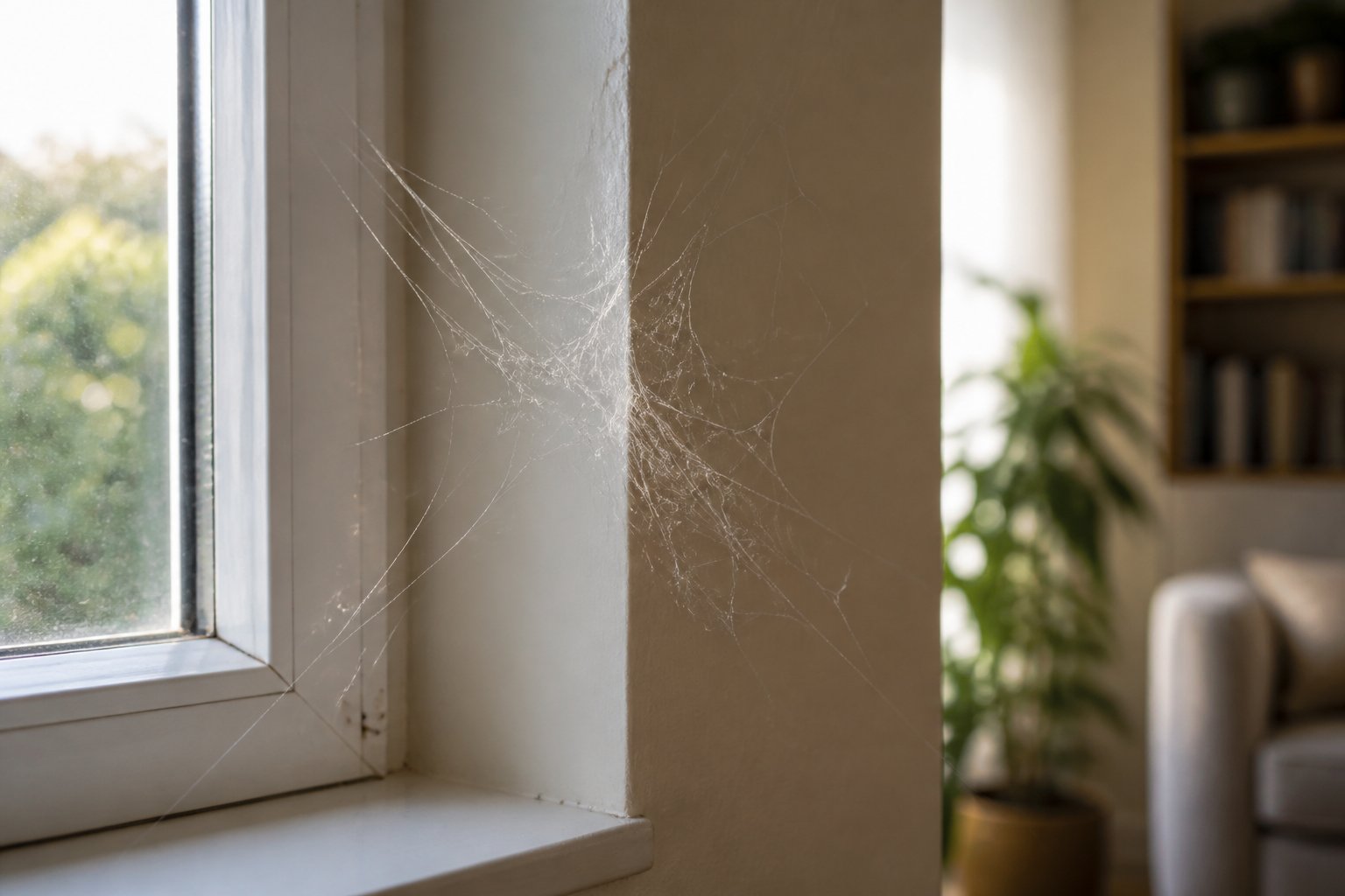 Close-up of delicate spider webs in the corner of a window inside a home with soft natural light.