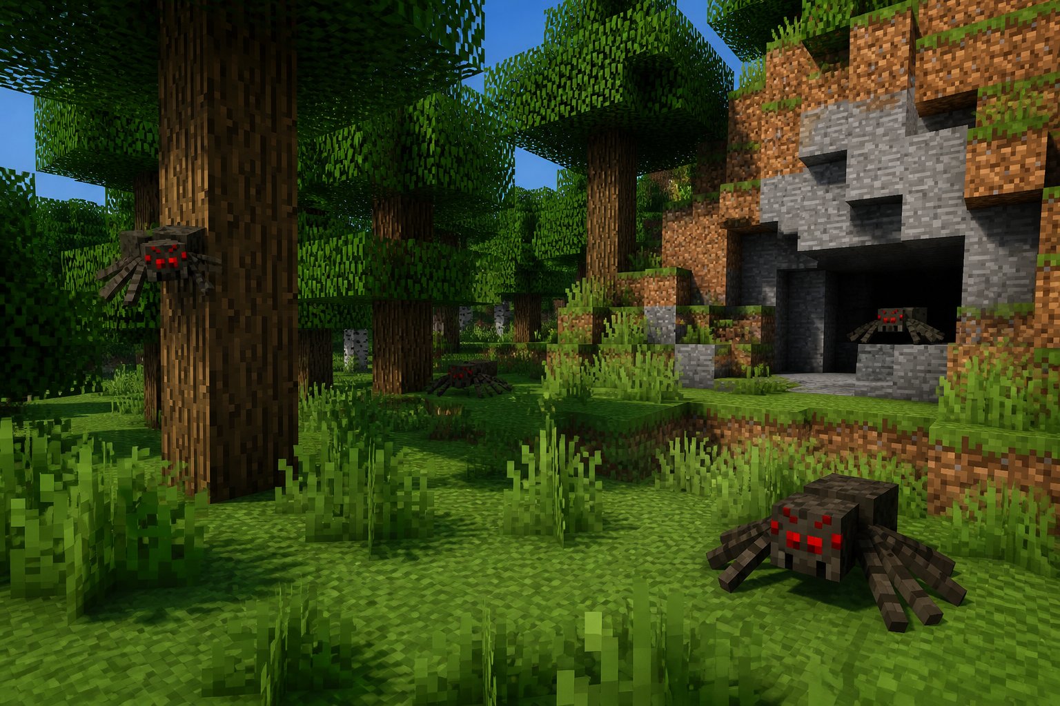 A Minecraft-style forest scene showing blocky spiders near trees, grass, and cave entrances.