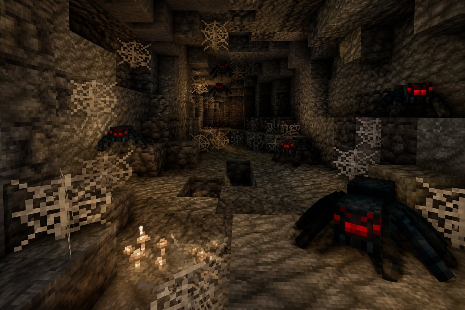 An underground cave with rocky walls where dark spiders crawl on stone surfaces and webs in a dimly lit environment.