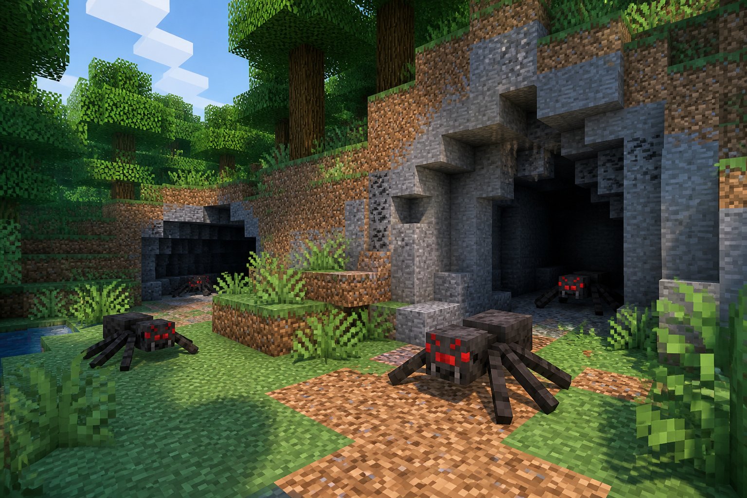 Minecraft scene showing spiders near caves and forest areas where they spawn.
