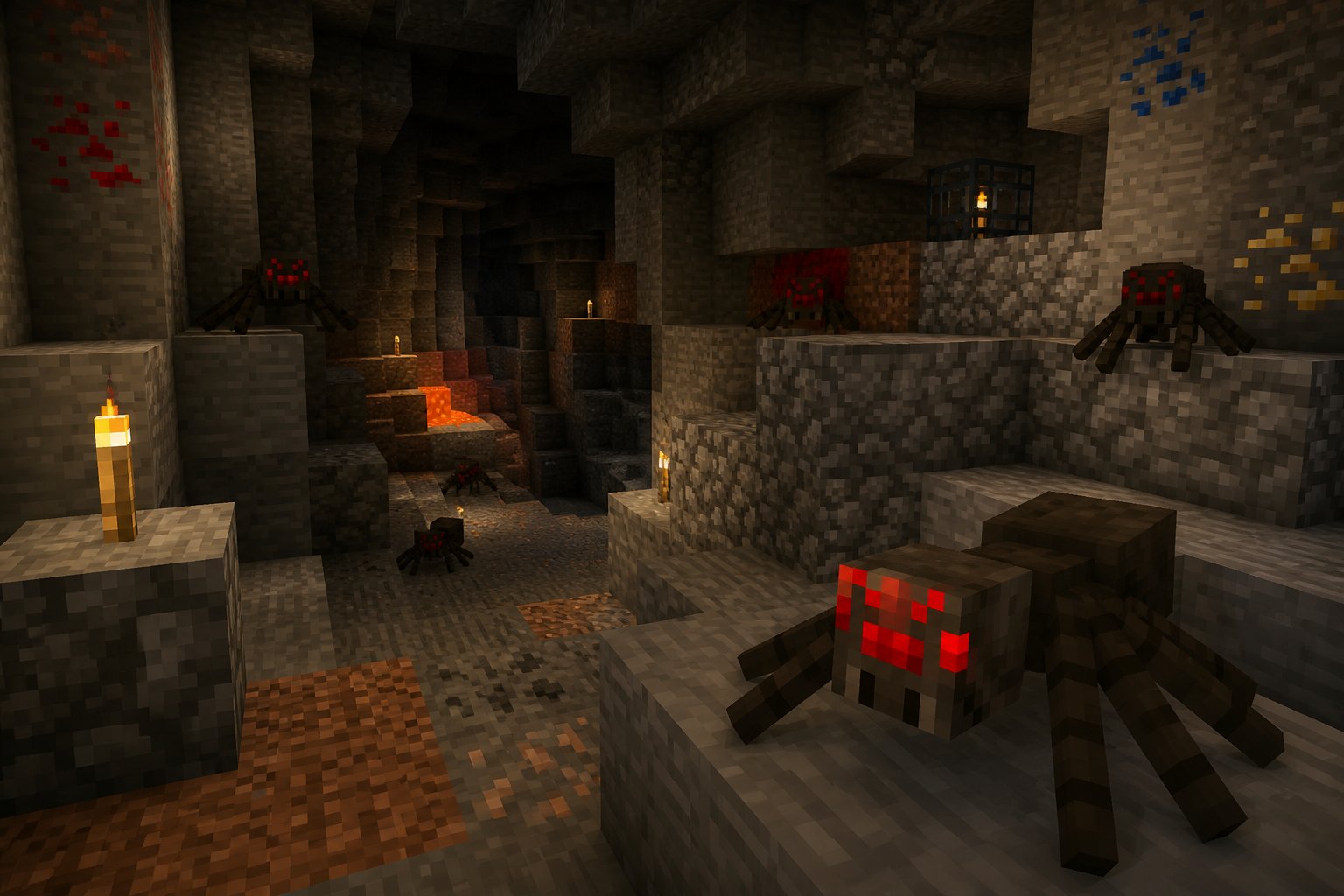 A Minecraft cave scene showing blocky spiders on stone blocks and walls, with torches and ores nearby.