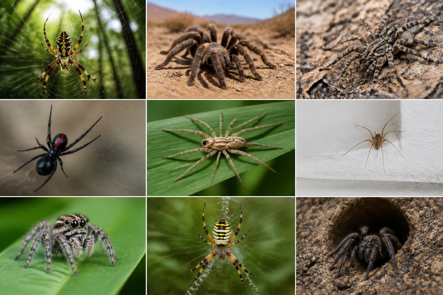 Various spiders living in different natural habitats including forests, deserts, and urban areas.