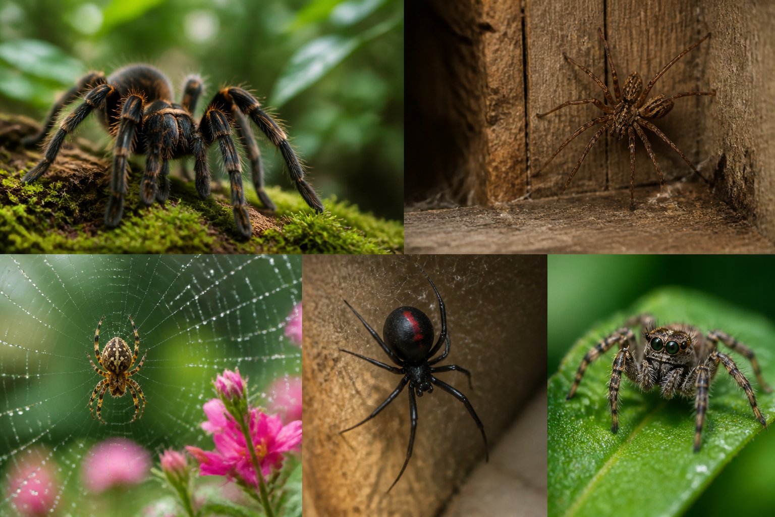 Close-up view of several spiders in different natural habitats including a forest, a wooden shed corner, and a garden with spider webs.