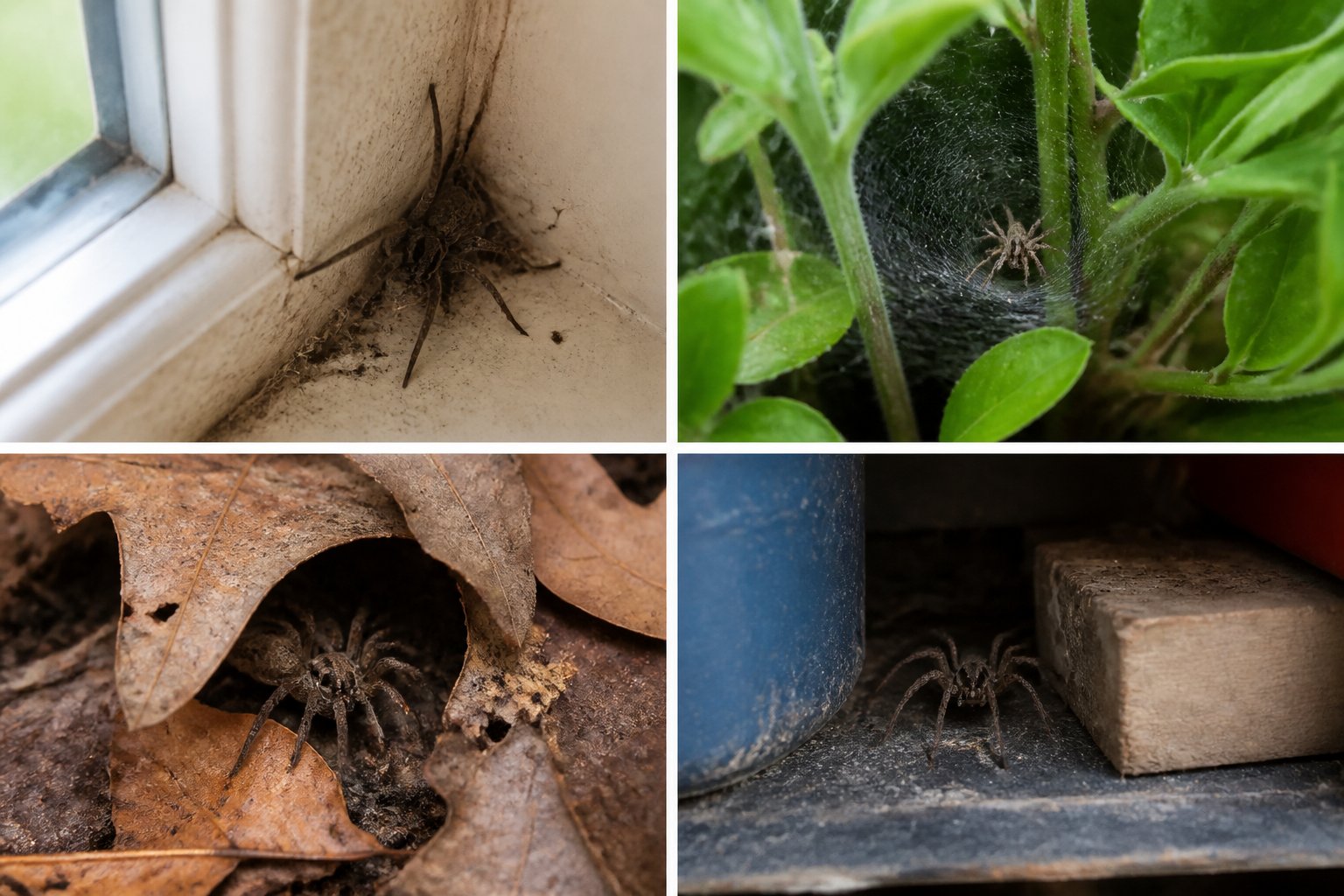 Various spiders in typical hiding spots indoors and outdoors, including corners, plant crevices, leaves, and shelves.