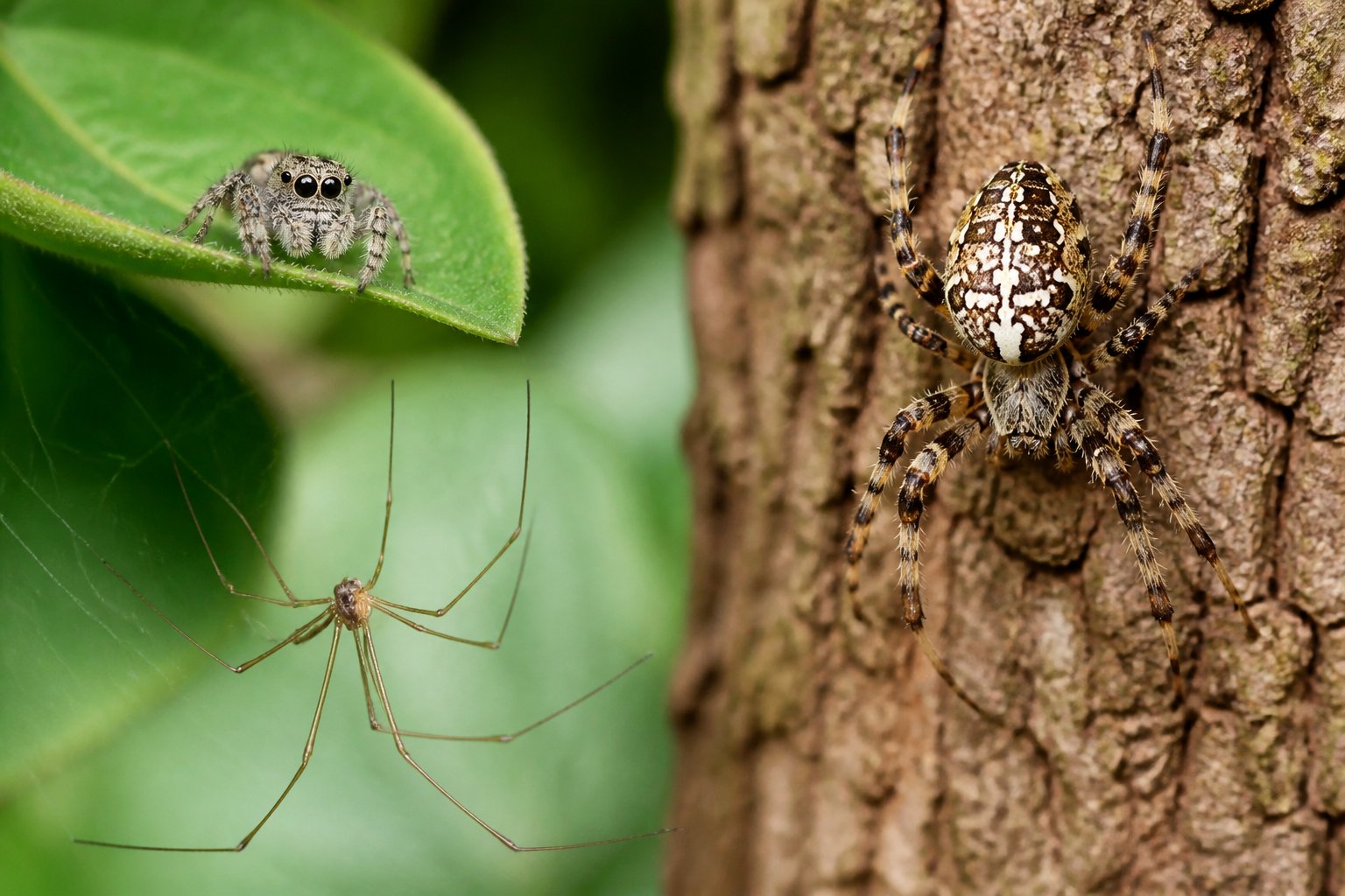 Close-up view of several harmless spiders on leaves, tree bark, and webs in a natural outdoor setting.