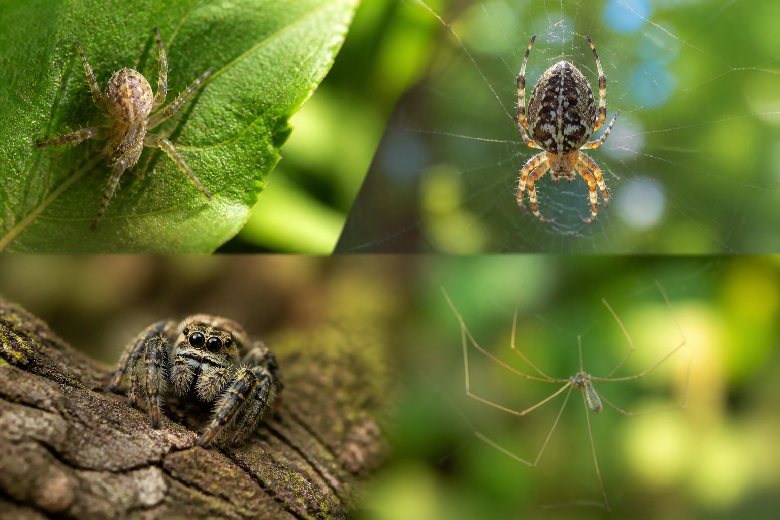 Close-up of several harmless spiders on green leaves and tree bark in a natural outdoor setting.