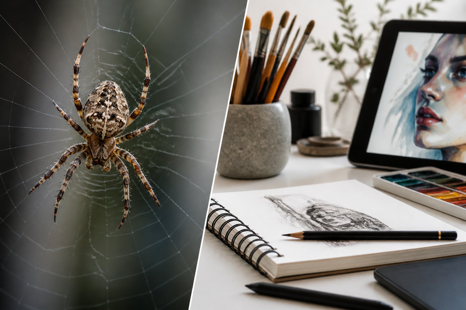 A close-up of a spider on one side and a creative workspace with art tools on the other side, showing a comparison between nature and creativity.
