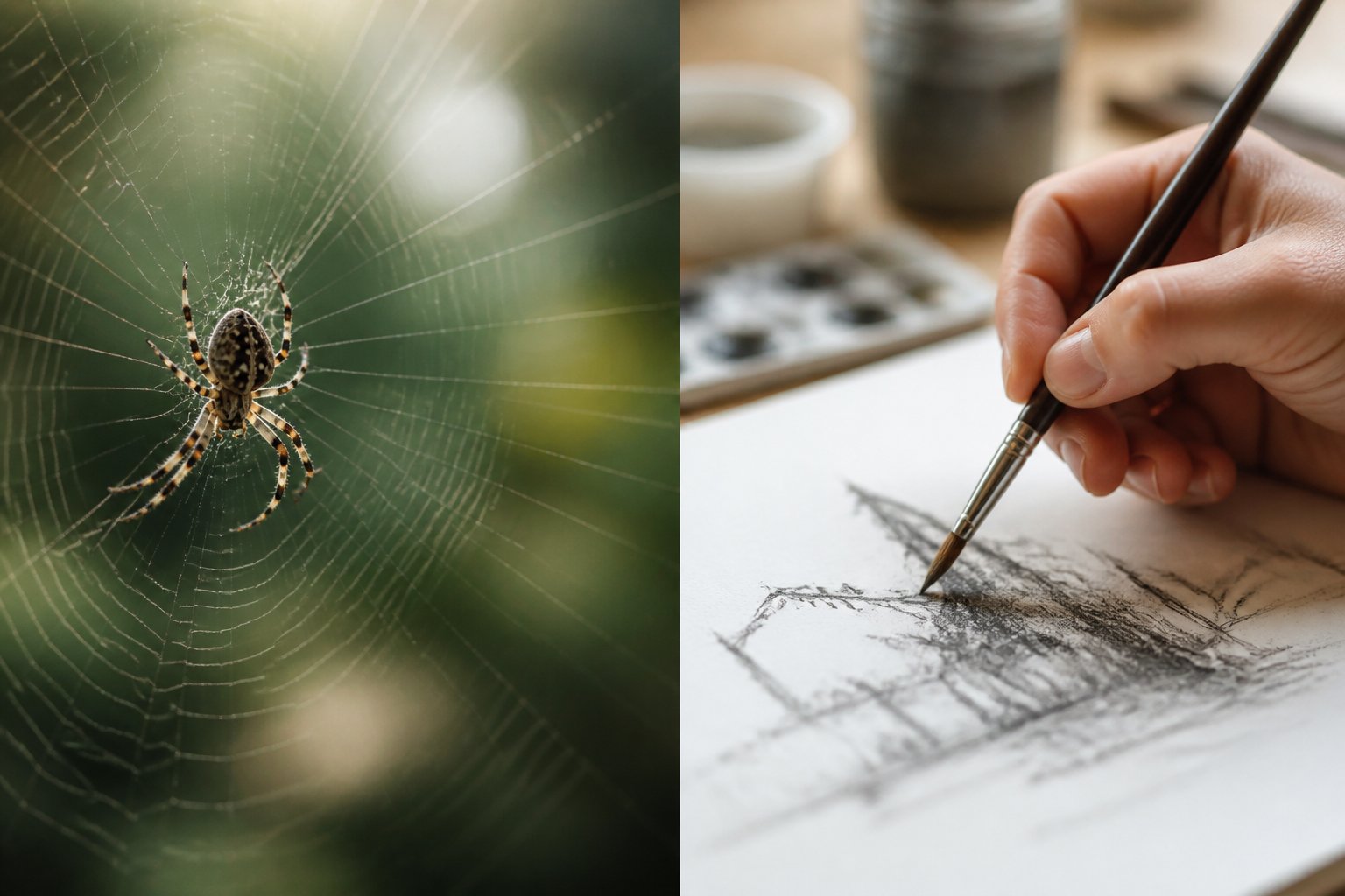 A close-up of a spider weaving its web beside a hand drawing on paper with a pencil.