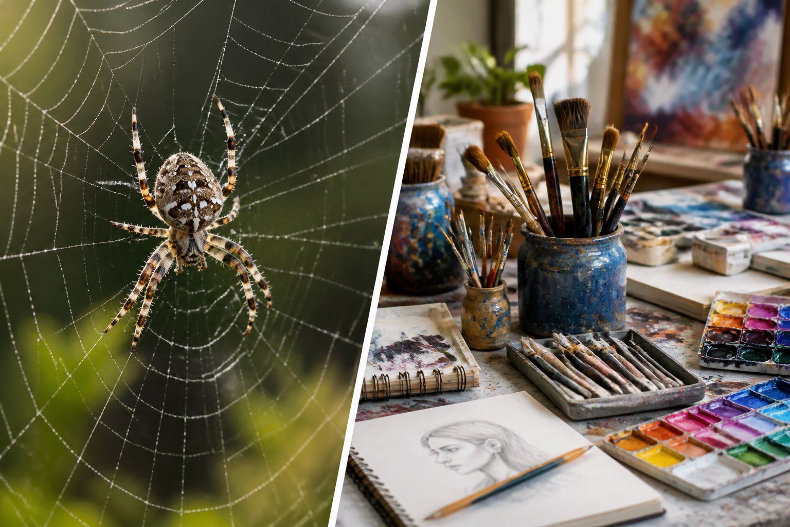 A close-up of a spider weaving its web next to a creative workspace with art supplies and sketches.