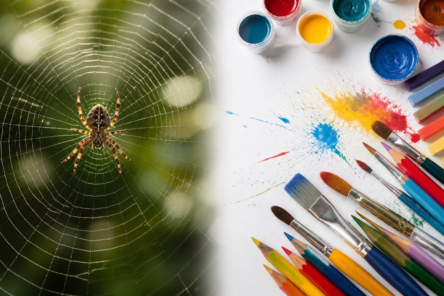 A close-up of a spider on its web opposite a set of artistic tools including paintbrushes and colorful paint splashes on a white surface.